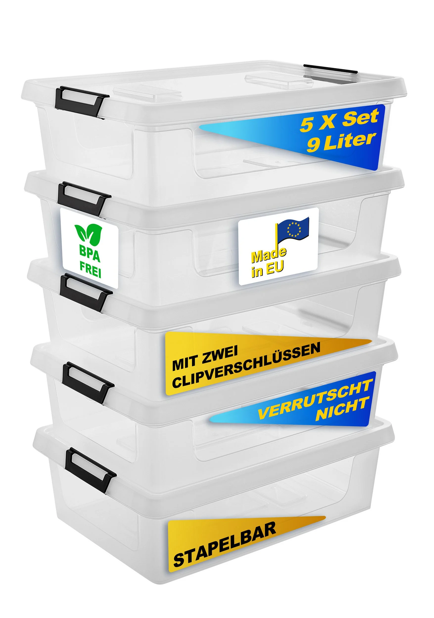 GARDISSIMO Aufbewahrungsbox 5 er Set mit Deckel "Clip" 9 Liter Kunststoff Boxen Stapelboxen